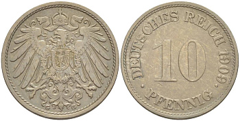 Германия 10 пфеннигов 1909 G KM 12, Jager 13, Weege 8 медно-никель 219-154