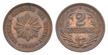 Уругвай 2 сентесимо 1945 KM 20a медь цинк 4636-247