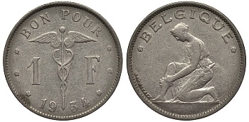 БЕЛЬГИЯ 1 ФРАНК 1934 BELGIQUE, АЛЬБЕРТ I (1909-1934) KM 89 никель 27-1021