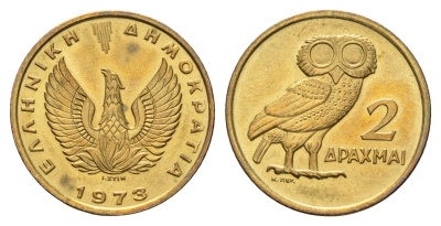 Греция 2 драхмы 1973 год-тип, сова, феникс в огне KM 108 никель латунь UNC 4670-147