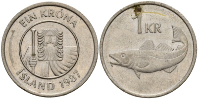 Исландия 1 крона 1987 треска KM 27 медно-никель 4156-333