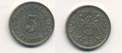 ГЕРМАНИЯ 5 ПФЕННИГОВ 1914 F, KM 11, J. 12 медно-никель 54-725
