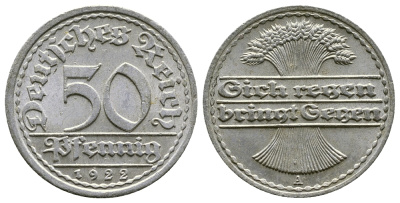 ГЕРМАНИЯ 50 ПФЕННИГОВ 1922 A KM 27, J. 301, Weege 10 алюминий 4380-854