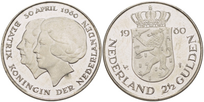 Нидерланды 2 1/2 гульдена 1980 коронация Беатрикс, 30 апреля 1980 KM 201 никель 38-134