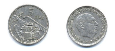 ИСПАНИЯ 5 ПЕСЕТ 1957 (73) ФРАНСИСКО ФРАНКО ДИКТАТОР ИСПАНИИ (1939-1975) KM 786 медно-никель 54-1541