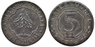 Германия, Вельцхайм 5 пфеннигов 1918 Баден-Вюртемберг, нотгельд Funck 593.1, Frenzel 593.1.3 железо 4119-813