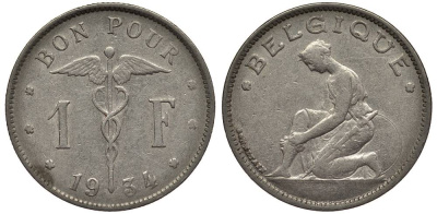 БЕЛЬГИЯ 1 ФРАНК 1934 BELGIQUE, АЛЬБЕРТ I (1909-1934) KM 89 никель 27-1021