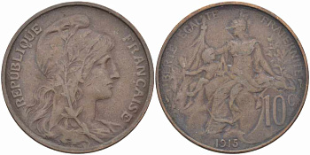ФРАНЦИЯ 10 САНТИМОВ 1915 ТИП ДАНИЭЛЬ ДЮПЮИ KM 843, LA FRANC 136.25 бронза 109-344