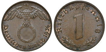 ГЕРМАНИЯ 1 РЕЙХСПФЕННИГ 1936 F цена по каталогу МТ 110 евро J 361, KM 89 бронза aUNC 72-1613