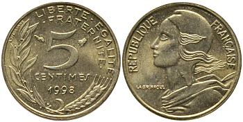 ФРАНЦИЯ 5 САНТИМОВ 1998 ТИП MARIANNE KM 933 медь алюминий никель 99-1132