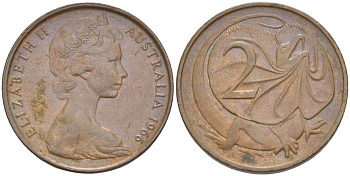 Австралия 2 цента 1966 Елизавета II (1952-), плащеносная ящерица KM 63 бронза 4519-427