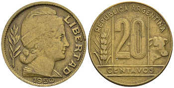 Аргентина 20 сентаво 1950 голова свободы вправо KM 42, CJ 204, Schon 45 алюминиевая бронза    60-926