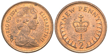 Великобритания 1/2 пенни 1974 Елизавета II (1952-2022) KM 914, Spink 4239 бронза UNC 4611-418