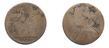 Великобритания 1 пенни 1860 Виктория (1837-1901) KM 749.2, Spink 3954 бронза 4379-132