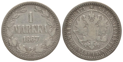 Россия для Финляндии 1 марка 1867 S, Александр II (1855-1881) KM 3.1, Биткин 627 R серебро 00-816-73