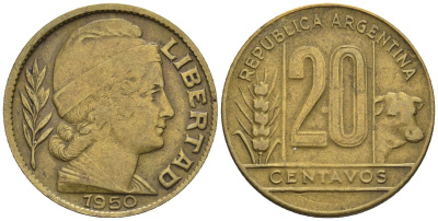 Аргентина 20 сентаво 1950 голова свободы вправо KM 42, CJ 204, Schon 45 алюминиевая бронза    60-926