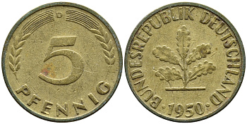 ФРГ 5 ПФЕННИГОВ 1950 D KM 107, J.382 сталь плакированная латунью 4392-446