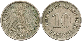 ГЕРМАНИЯ 10 ПФЕННИГОВ 1915 E KM 12, J. 13 медно-никель 65-742