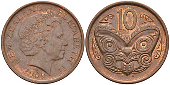 Новая Зеландия 10 центов 2009 маска Маори, Елизавета II (1952-) KM 117а сталь плакированная медью 4179-1017