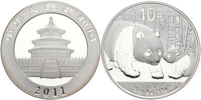 Китай 10 юаней 2011 ПАНДА KM 1980 серебро PROOF 00-000-00