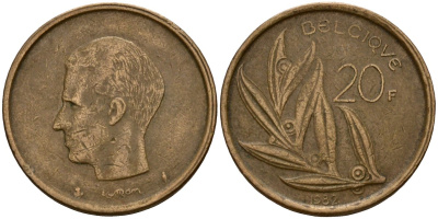 Бельгия 20 франков 1982 Belgique, Бодуэн I (1951-1993) KM 159 никель бронза 4601-346