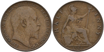 Великобритания 1/2 пенни 1906 Эдуард VII (1901-1910) KM 793.2, Spink 3991 бронза 4146-121