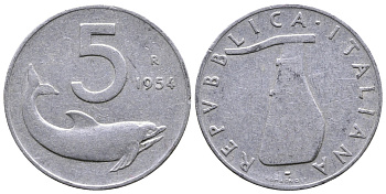 ИТАЛИЯ 5 ЛИР 1954 R, РУЛЬ, ДЕЛЬФИН KM 92 алюминий 51-2613