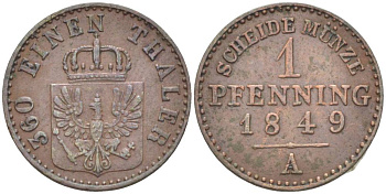 ПРУССИЯ 1 ПФЕННИГ 1849 А, ФРИДРИХ ВИЛЬГЕЛЬМ IV (1840-1861), ВЕС 1,51 ГР., МОНДВОР БЕРЛИН KM 447, Jaeger 50, AKS 92, Olding 337 медь 1517-1143