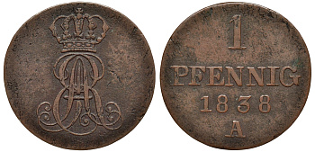 Ганновер 1 пфенниг 1838 A, Эрнст Август (1837-1851) KM 173.1, AKS 126, J. 54 медь 75-566