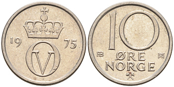 НОРВЕГИЯ 10 ЭРЕ 1975 KM 416 медно-никель 4588-327