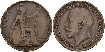 Великобритания 1 пенни 1917 Георг V  КМ 810, Spink 4051 бронза    4157-912