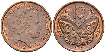 Новая Зеландия 10 центов 2012 маска Маори, Елизавета II (1952-) KM 117а сталь плакированная медью 63-941