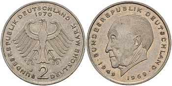 ФРГ 2 марки 1970 J, Конрад Аденауэр KM 124, J. 406 медно-никель 4159-1211