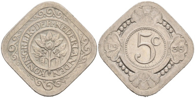 Нидерланды 5 центов 1938 Вильгельмина (1890-1948) KM 153 медно-никель 4575-845