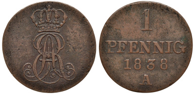 Ганновер 1 пфенниг 1838 A, Эрнст Август (1837-1851) KM 173.1, AKS 126, J. 54 медь 75-566