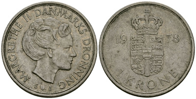 Дания 1 крона 1978 S; B, Маргрете II (1972-) KM 862.1 медно-никель 4138-822