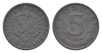 Австрия 5 грошей 1950 KM 2875 цинк 4669-1234