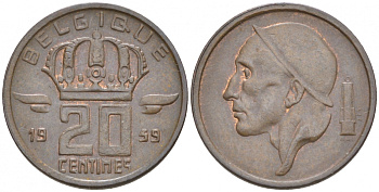 БЕЛЬГИЯ 20 САНТИМОВ 1959 BELGIQUE KM 146 бронза 4549-1261