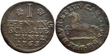 БРАУНШВЕЙГ-ВОЛЬФЕНБЮТТЕЛЬ 1 ПФЕННИГ 1763 KM 891 медь 4381-955