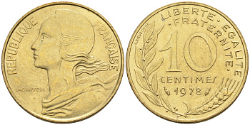 Франция 10 сантимов 1978 тип Марианна KM 929 медь алюминий никель 4594-1165