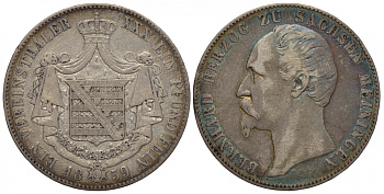 Саксен-Майнинген 1 талер 1859 Бернхард II (1821-1866) KM 167, Jaeger 450, Thun 379, AKS 184, Kahnt 504 серебро 00-000-00