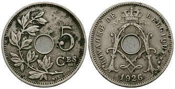 Бельгия 5 сантимов 1926 Belgique KM 66 медно-никель 4173-547