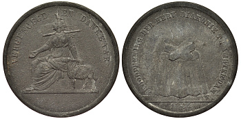 Нидерланды, Амстердам хлебный жетон (на покупку еды) с тремяи буханками 1861 Женщина с протянутой рукой в ​​компании овцы, стол с 3 буханками, диаметр 28 мм, вес 5,36 гр Kooij BR003.3 цинк 1516-1643