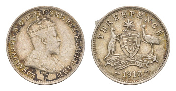 Австралия 3 пенса 1910 L, Эдуард VII (1901-1910), год-тип KM 18 серебро 4659-411