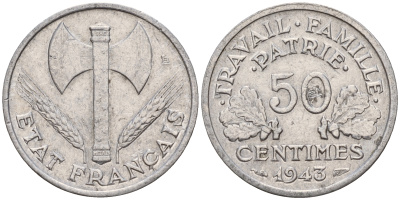 Франция 50 сантимов 1943 правительство Виши KM 914.1, LE FRANC 196.1 алюминий    4598-346