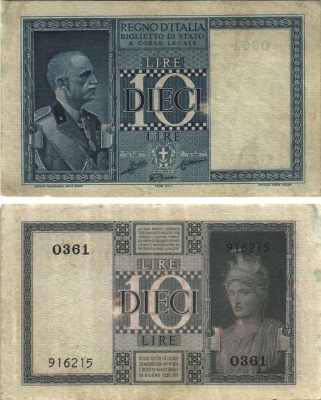 Италия 10 лир 1938 Король Виктор Эммануил III Pick 25b бумага 7484-51-2-1