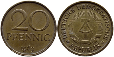 ГДР 20 пфеннигов 1969 А, первый год KM 11 латунь UNC 4398-153