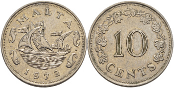Мальта 10 центов 1972 баржа Великого магистра KM 11 медно-никель 82-423