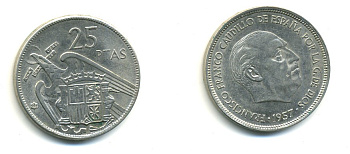 ИСПАНИЯ 25 ПЕСЕТ 1957 (66) ФРАНСИСКО ФРАНКО ДИКТАТОР ИСПАНИИ (1939-1975) KM 786 медно-никель 80-1144