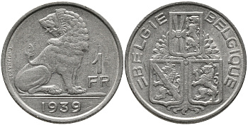 БЕЛЬГИЯ 1 ФРАНК 1939 BELGIE-BELGIQUE KM 120 никель 4384-936